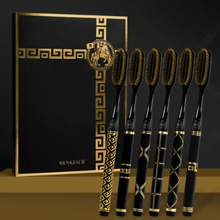 럭셔리 부드러운 칫솔 6개 세트 - 풀 헤드, 폴리프로필렌 브리스틀, 남성과 여성 모두에게 적합, 성인, 고급 수동 치과 세척 액세서리, 개인 선물 세트 - 확장 헤드 골든 나이트 시리즈 - 2025년 신제품!