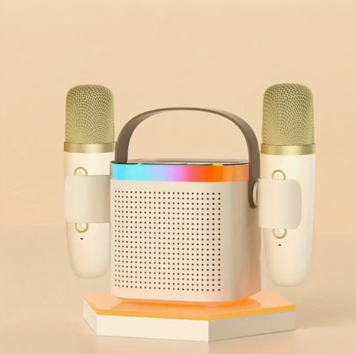 휴대용 스피커 & 무선 마이크 세트, 내장 스탠드 포함 - 고해상도, 깊은 베이스, 무선, USB Type-C 빠른 충전, 1200mAh 배터리 - 노래방 파티 및 생일에 이상적, 휴대용 무선 스피커