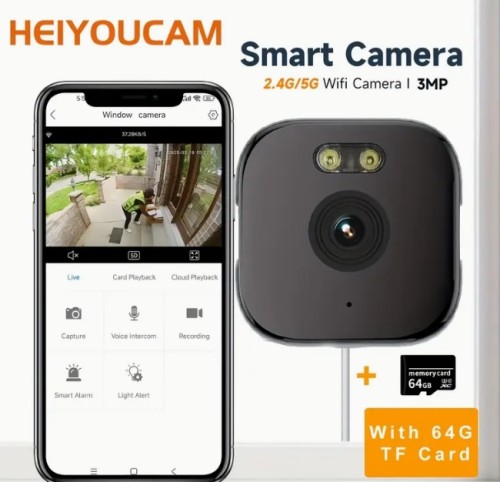 64G 카드 포함 3MP 창문용 카메라, 2.4GHz&5GHz 와이파이 실내 보안카메라, 알색 야간 투시, 인물 및 동작 감지, 24/7 녹화, 간편 설치
