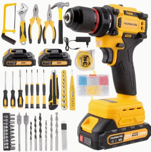 PAOWAFOL 전동 도구 키트 - 2x1.5Ah 배터리와 함께하는 무선 드릴, 가정 개선용 다중 액세서리, 가벼우면서 휴대하기 편리