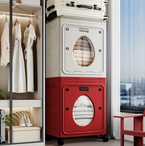 헤비듀티 대용량 옷 정리함 - 플립탑 뚜껑, 접이식 옷장 캐비닛, 공간 절약형 프론트 도어 액세스, 견고한 플라스틱 구조, 침대/옷장/기숙사 수납용, 침실 및 거실용 - 옷, 침구류