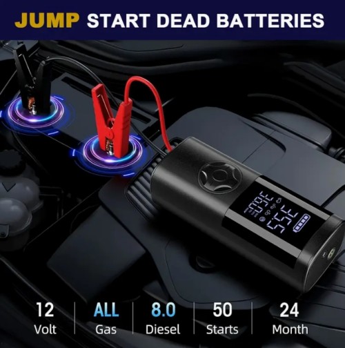 긴급 자동차 점프 스타터 & 타이어 공기 주입기 2-in-1 - LED 디스플레이, 플래시라이트 및 USB 빠른 충전 기능, 배터리 고장과 펑크 문제 해결, 고품질 내구성 차량 시동 도구