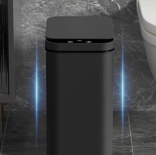 2개 세트 블랙 자동 센서 휴지통, 터치리스 슬림형 쓰레기통 - 침실/사무실/주방용 스마트 전동 좁은 쓰레기통, 욕실/세탁실/캠핑카용 모션센서 무선 휴지통