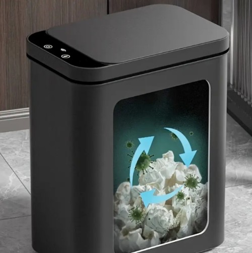 2개 세트 블랙 자동 센서 휴지통, 터치리스 슬림형 쓰레기통 - 침실/사무실/주방용 스마트 전동 좁은 쓰레기통, 욕실/세탁실/캠핑카용 모션센서 무선 휴지통