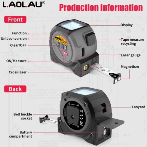 EL.AOL.AU 3-in-1 적외선 레이저 줄자: 핸드헬드, 초고정밀, 스마트, 휴대용 (블랙, 40m/60m), AAA 배터리 2개(미포함) - 길이/면적/부피 측정 및 피타고라스 기능 포함, 인테리어/건설/엔지니어링에 이상적