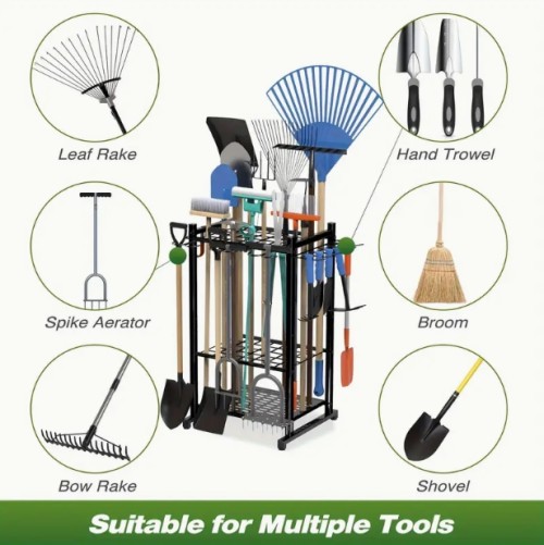 1개 헤비듀티 스틸 정원 도구 정리대 - 50개 이상의 도구 수납 가능, 조절 가능 & 컴팩트한 차고/저장실 정리용, 갈퀴, 빗자루 등에 편리한 후크 포함 - 내구성 있는 블랙 메탈 야드 도구 타워 랙