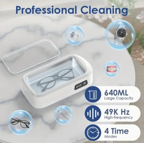 초음파 보석 및 메이크업 브러시 청소기 - 디지털 디스플레이, 600Hz 고주파 청소, 귀걸이, 시계, 반지 및 액세서리용紧凑형 흰색 디자인, 보석 청소 솔루션|현대 미학|내구성 플라스틱