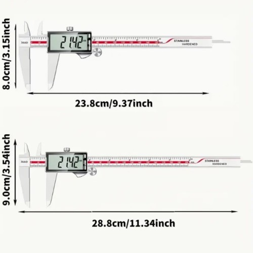 LCD 디스플레이가 있는 산업용 디지털 칼립어 - 보석, 미크로미터 및 게이지 사용을 위한 고정밀 인치/밀리미터 측정 도구, 스테인레스 스틸 금속 구조, 배터리 구동 (버튼 셀)