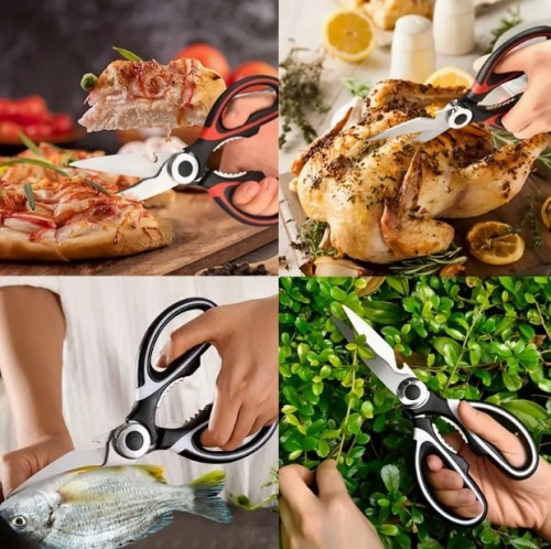 3pcs 무거운 주방 가위 세트, 보호 가죽이 포함되어 있습니다 - 인간 중심의 편안한 손잡이, 스테인레스 스틸 블레이드, 식기 세척기 안전, 음식 준비 및 요리에 이상적, 검정색, 스테인레스 스틸 주방 가위