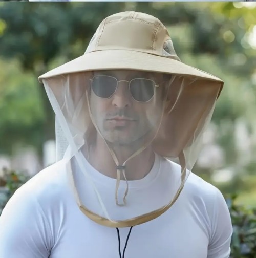 1개 유니섹스 아웃도어 메쉬 모자 & 일체형 얼굴 마스크 - 조절 가능한 턱 스트랩이 있는 통기성 낚시모자, 캠핑용 넓은 챙, 하이킹용, 블랙, 캠핑 액세서리