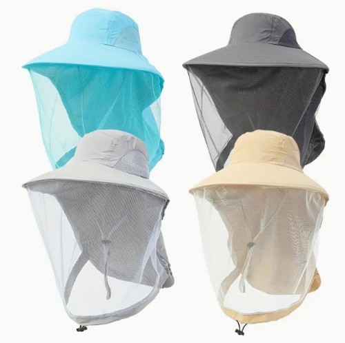 1개 유니섹스 아웃도어 메쉬 모자 & 일체형 얼굴 마스크 - 조절 가능한 턱 스트랩이 있는 통기성 낚시모자, 캠핑용 넓은 챙, 하이킹용, 블랙, 캠핑 액세서리