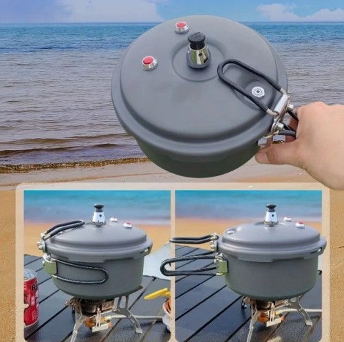 1~3인용 컴팩트 알루미늄 캠핑 쿠커, 가벼운 야외 조리기구 포트, 접이식 손잡이 및 안전 잠금 뚜껑 포함, 하이킹, 등산, 소풍에 이상적, 운반용 가방 포함