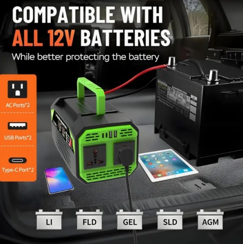 캠핑, RV, 트럭 및 차량용 휴대용 자동차 전원 인버터 1000W DC 12V에서 AC 110V/220V로 USB 포트 포함, 내장형 배터리, 6000W 출력, 36V 최대 입력, 110V/220V AC 전환, 컴팩트 디자인, 튼튼한 구조