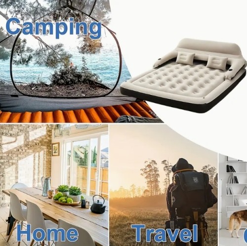 킹캠프 RV 에어 매트리스 헤드보드 & 베개 포함 - 휴대용 내구성 있는 인플레이터블 침낭, 실내/야외 사용 가능, 캠핑, 여행, 결혼식용 - 범용 사이즈, 펌프 필요 없음, 폴리에스터 커버