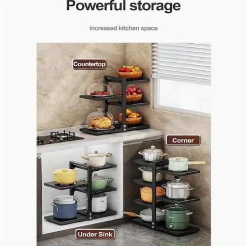 버클 스타일 조절 가능한 탄소강 수납 선반, 다층 싱크대 수납 선반, 웍, 철 냄비, 식기 수납, 주방 필수품, 최대 7단계까지 검정색