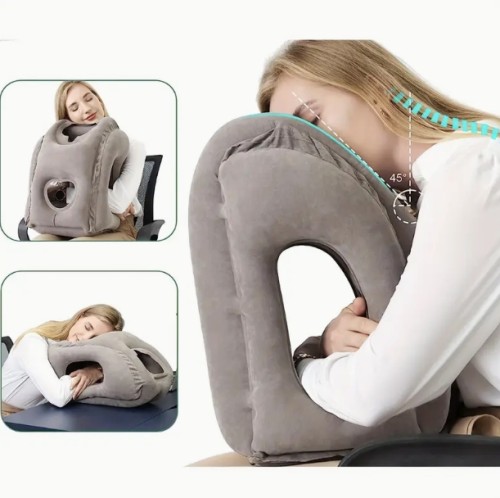 긴 항공편, 고속열차, 사무실 낮잠, 자동차 휴식을 위한 파란색 팽창식 여행 베개 - 인체 공학적 PVC 플록 처리 비행기 수면 쿠션, 휴대가 간편하고 가벼움, 캠핑 및 하이킹에 이상적