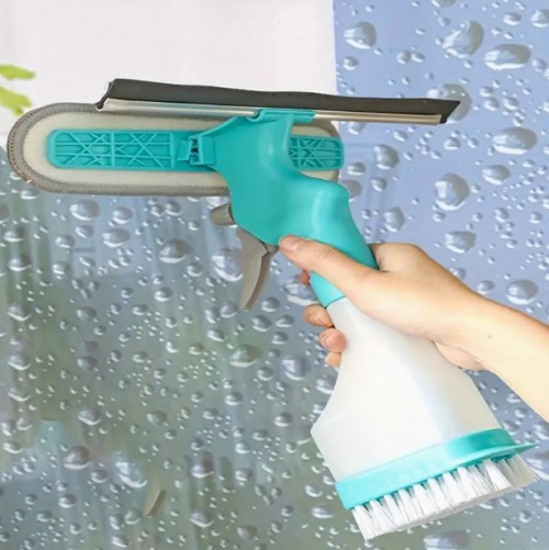 다용도 4-in-1 유리 청소 브러시, 스프레이, 스크래퍼, 스크럽 옵션 포함 - 창문, 거울, 타일 청소에 적합 - 사용하기 쉽고 다용도로 사용할 수 있는 가정용 청소 도구, 욕실, 주방, 거실 청소 필수품|스프레이 기능|다용도 브러시