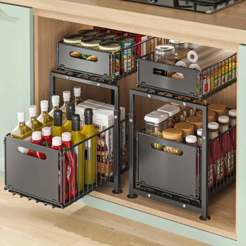 2단 싱크대 아래 수납장, 풀아웃 금속 서랍, 주방 및 욕실용 철제 캐비닛 수납장, 높이 조절 가능, 블랙