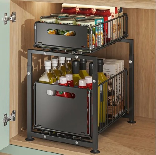 2단 싱크대 아래 수납장, 풀아웃 금속 서랍, 주방 및 욕실용 철제 캐비닛 수납장, 높이 조절 가능, 블랙