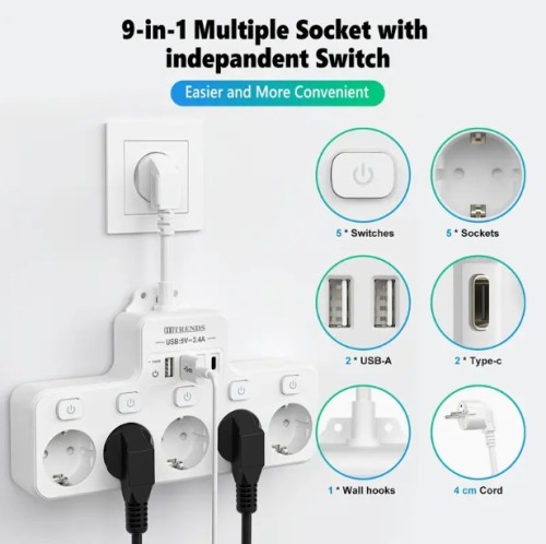 USB를 갖춘 9-in-1 전원 스트립, 개별 스위치와 마스터 스위치가 있는 5개의 EU 소켓, 2개의 USB-A 및 2개의 USB-C 포트, 유연한 케이블 소켓, 벽걸이 디자인, 가정, 주방, 사무실, 여행에 적합합니다.