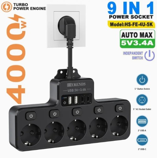 USB를 갖춘 9-in-1 전원 스트립, 개별 스위치와 마스터 스위치가 있는 5개의 EU 소켓, 2개의 USB-A 및 2개의 USB-C 포트, 유연한 케이블 소켓, 벽걸이 디자인, 가정, 주방, 사무실, 여행에 적합합니다.