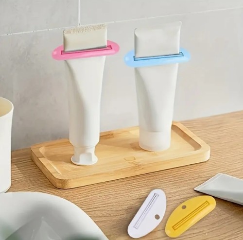 2개 세트 수동 치약 튜브 짜는 도구 & 디스펜서 - 인체공학적 그립, 전기 필요 없음, 4가지 색상 (화이트/블루/핑크/옐로우) - 욕실 및 주방용 다목적 치약 & 비누 사용