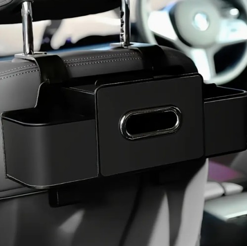 브레이돌 차량 시트 백레스트 정리함 (티슈 홀더 및 조절 가능한 후크 포함) - 간식/음료용 듀얼 구획, 내구성 있는 ABS 보관 상자, 모든 차종에 적합한 컴팩트 디자인, 고품질 레진, 여행자용