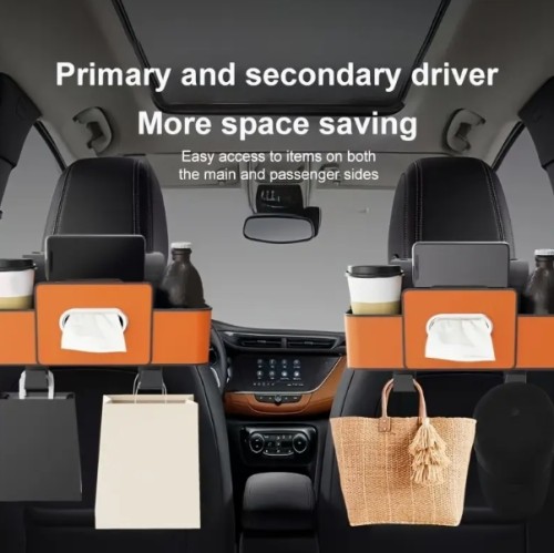 브레이돌 차량 시트 백레스트 정리함 (티슈 홀더 및 조절 가능한 후크 포함) - 간식/음료용 듀얼 구획, 내구성 있는 ABS 보관 상자, 모든 차종에 적합한 컴팩트 디자인, 고품질 레진, 여행자용