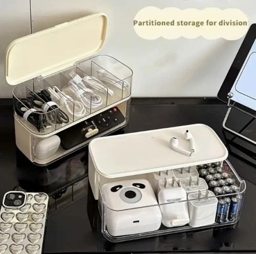 조절 가능한 구획이 있는 이중 투명 케이블 정리함 - 오픈 뚜껑, 컴팩트한 코드 및 충전기 보관용 홈오피스, 작업 공간, 침실용 클리어 데스크 오거나이저 - USB-C, 라이트닝, HDTV 케이블 호환 가능 - 깔끔한 작업공간 솔루션, 내구성 플라스틱 구조
