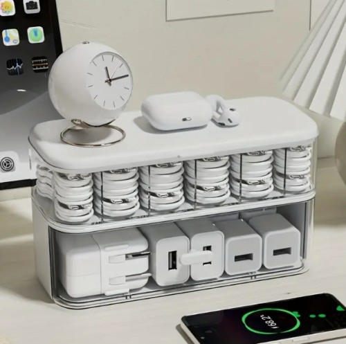 조절 가능한 구획이 있는 이중 투명 케이블 정리함 - 오픈 뚜껑, 컴팩트한 코드 및 충전기 보관용 홈오피스, 작업 공간, 침실용 클리어 데스크 오거나이저 - USB-C, 라이트닝, HDTV 케이블 호환 가능 - 깔끔한 작업공간 솔루션, 내구성 플라스틱 구조