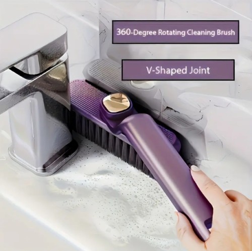 3-in-1 보라색 내구성 있는 플라스틱 브러시, 360도 딱딱한 브러시, V자형 커넥터, 욕실 타일 및 벽 접합부 청소용 다기능 회전 청소 브러시