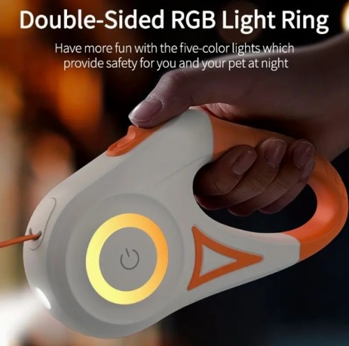ROJECO 4.88미터 리트랙터블 개 목줄 LED 손전등 - 핸즈프리, 원버튼 브레이크 & 잠금, 야간 산책 및 달리기용 내구성 나일론, 핸즈프리 목줄 | 기능적인 디자인 | 편안한 그립