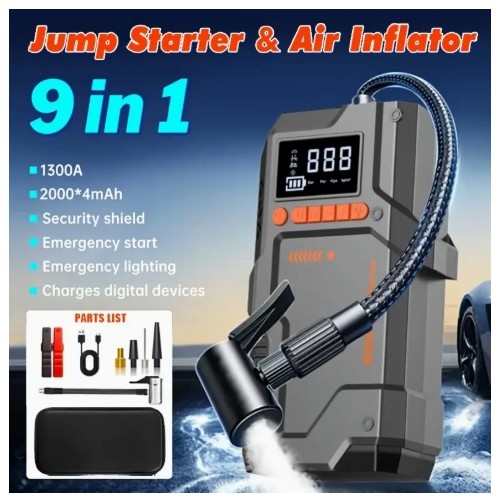 JKUOO 헤비듀티 자동차 비상 스타터, 다기능 충전기, 150PSI 디지털 타이어 인플레이터, LED 플래시라이트 - SOS 구조 기능, 안전 해머 디자인, 내구성 구조, 9.99L 가솔린 또는 9.01L 디젤 모델에 적합, 다양한 어댑터 포함 | 비상 차량 도구 | 고가시성 오렌지색 | 보관 박스