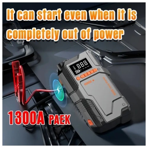 JKUOO 헤비듀티 자동차 비상 스타터, 다기능 충전기, 150PSI 디지털 타이어 인플레이터, LED 플래시라이트 - SOS 구조 기능, 안전 해머 디자인, 내구성 구조, 9.99L 가솔린 또는 9.01L 디젤 모델에 적합, 다양한 어댑터 포함 | 비상 차량 도구 | 고가시성 오렌지색 | 보관 박스