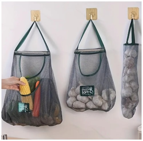 1개 다기능 주방 보관 메쉬 백 - 과일, 채소, 생강, 마늘 보관용 벽걸이형 정리함 | 가정 필수 액세서리, 기계 세척 가능, 폴리에스터, 녹색