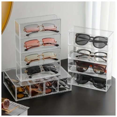서랍이 있는 모던 클리어 데스크 오거나이저 - 패션 안경, 화장품 & 립스틱에 완벽 | 방진 보관 솔루션, 귀여운 사무용품, 별도의 칸막이, 선물