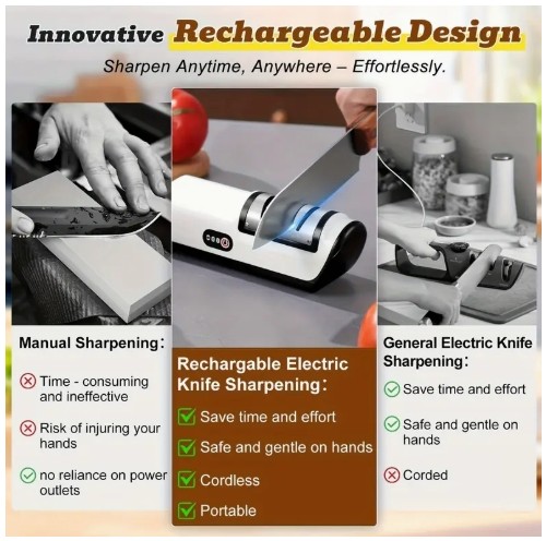 GENAI 전기 칼날 샤프너 USB-C 고속 충전 & 리튬 배터리 - 셰프, 파링, 세라믹, 포켓 나이프용 전문가용 칼날 샤프너 - 원터치 작동, 안전한 미끄럼 방지 베이스, 가정 및 캠핑용 컴팩트 디자인 - 셰프와 홈쿡을 위한 이상적인 주방 도구, 슬림한 가전제품, 내구성 있는 구조