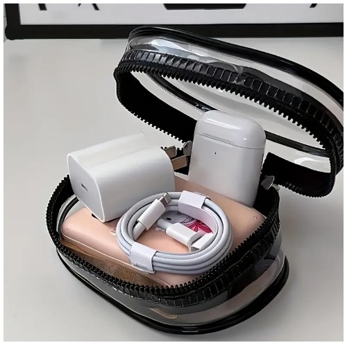 2개 세트 컴팩트 투명 지퍼 보관 파우치 키체인 포함 - 내구성 PVC, 이어폰, 충전기 및 여행용 액세서리용 휴대용 디자인