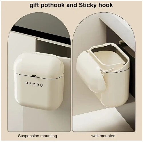 벽걸이형 주방 쓰레기통 뚜껑 포함 - 드릴 필요 없음, 손쉬운 조작, 귀여운 만화 디자인, 내구성 있는 플라스틱, 집 & 욕실용 공간 절약, 욕실 쓰레기통|재미있는 디자인|내구성 있는 플라스틱, 욕실용 쓰레기통