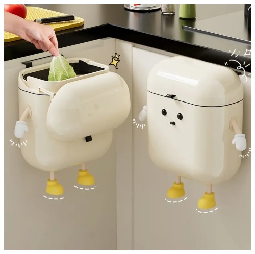 벽걸이형 주방 쓰레기통 뚜껑 포함 - 드릴 필요 없음, 손쉬운 조작, 귀여운 만화 디자인, 내구성 있는 플라스틱, 집 & 욕실용 공간 절약, 욕실 쓰레기통|재미있는 디자인|내구성 있는 플라스틱, 욕실용 쓰레기통