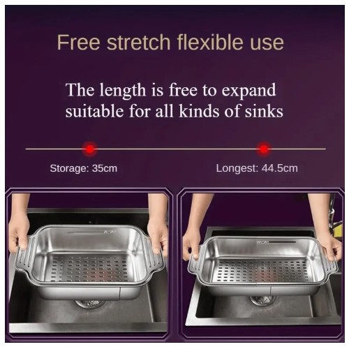 1개 스테인리스 스틸 텔레스코픽 싱크대 위 체 바구니 - 과일, 야채 헹구기, 파스타 물기 제거 및 접시 건조용 조절 가능 20.96cm x 34.92cm-43.81cm - 내구성 있고 쉽게 청소할 수 있는 주방 필수 도구