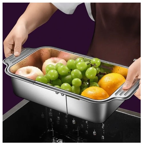 1개 스테인리스 스틸 텔레스코픽 싱크대 위 체 바구니 - 과일, 야채 헹구기, 파스타 물기 제거 및 접시 건조용 조절 가능 20.96cm x 34.92cm-43.81cm - 내구성 있고 쉽게 청소할 수 있는 주방 필수 도구