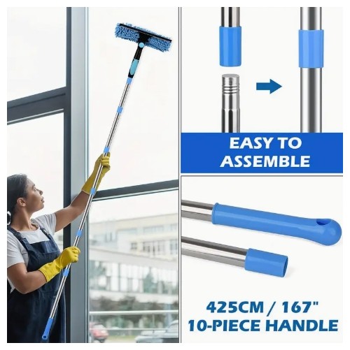 10 섹션 확장 로드, 스테인레스 스틸 스크류지 및 스크래퍼, 재사용 가능한 마이크로 파이버 패드가 있는 하이 라이즈 2-in-1 창 청소 키트 - 전원 필요 없음, 기계 세척 가능, 줄무늬 없는 청소, 청소 및 위생 용품에 이상적