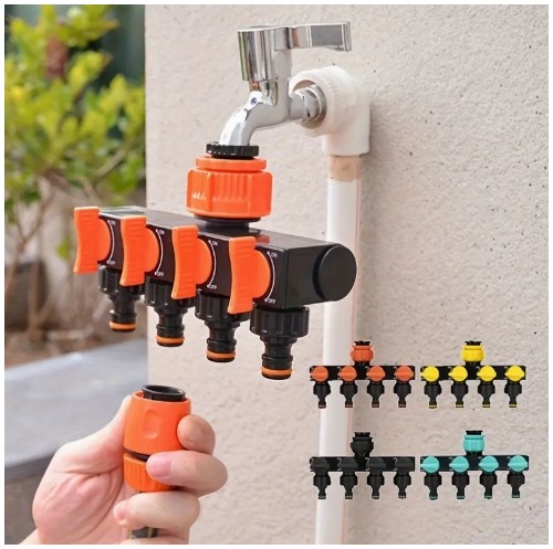 5개 4방향 수도꼭지 커넥터 스위치 포함 - 야외 관개 시스템, 정원 호스 커넥터 (4가지 색상)용 4개의 독립적인 온/오프 밸브 디버터, 플라스틱 소재, 유니버설 스레드 표준, 정원 호스 커넥터|현대 정원 액세서리|내구성 있는 플라스틱