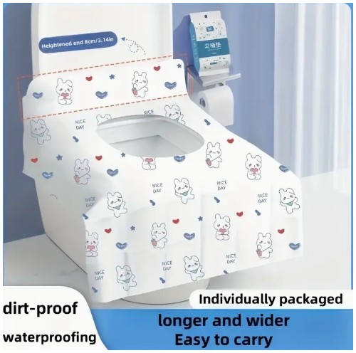50개입 일회용 변기 커버 - 귀여운 토끼 & 하트 디자인, 방수 및 먼지방지, 초장형 & 넓은 사이즈 공중화장실/비행기 좌석용 | 부드러운 소재, 휴대 간편 욕실 액세서리 | 사랑스러운 동물 프린트, 여행 위생 필수품, 장난감 패턴 커버, 내구성 있는 보호 커버