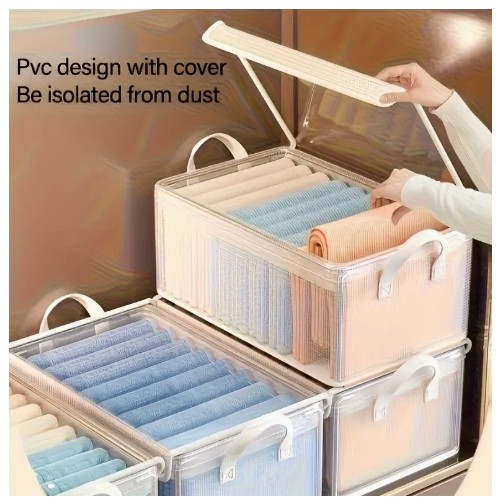 10개 대형 투명 PVC 보관함 (뚜껑 포함) - 접이식 방진 옷 & 신발 정리함, 옷장, 드레스룸, 기숙사 및 홈 오거나이저용