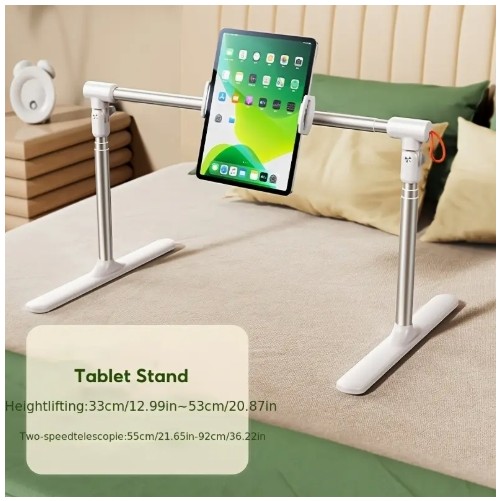 조절 가능하고 접이식 알루미늄 태블릿 스탠드 - 침대 옆 및 데스크탑 홀더 클램프 포함, 폰과 태블릿을 위한 텔레스코픽 리프팅 지원, 솔기가 없는 손상 없음, 화이트, 레저 기술 지원 | 현대적인 태블릿 홀더 | 알루미늄 합금 스탠드, 태블릿 홀더 스탠드