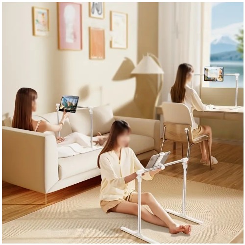 조절 가능하고 접이식 알루미늄 태블릿 스탠드 - 침대 옆 및 데스크탑 홀더 클램프 포함, 폰과 태블릿을 위한 텔레스코픽 리프팅 지원, 솔기가 없는 손상 없음, 화이트, 레저 기술 지원 | 현대적인 태블릿 홀더 | 알루미늄 합금 스탠드, 태블릿 홀더 스탠드