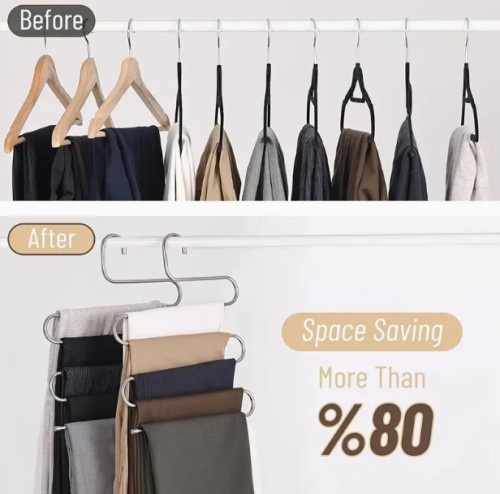 5단 스테인리스 스틸 바지 걸이 – S자형, 미끄럼 방지, 자국 없는 다층 정리대, 청바지 & 바지용 이상적, 정리된 옷장 정리에 적합한 공간 절약 디자인, 옷 정리 수납함