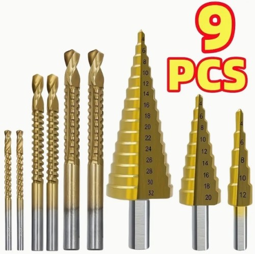 9pcs 스텝 드릴 비트 세트, 파고다 드릴, 세라티드 스텝 드릴 비트, 톱 드릴 비트 세트, 티타늄 밀링. 크기: 4-12Mm, 4-20Mm, 4-32Mm, 3Mm, 6Mm, 8Mm. 목공 및 금속 코어 구멍 오픈러.